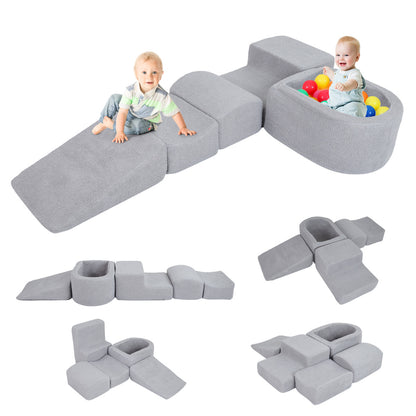 The soft play set shown in two different configurations with colourful balls