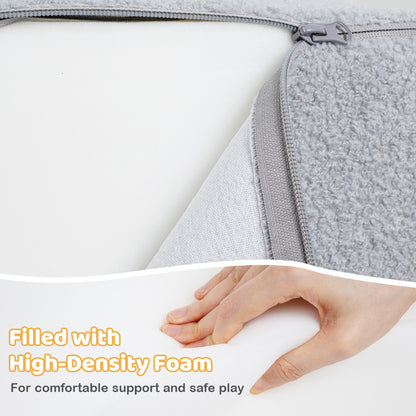 Close up of the grey soft play set's sherpa cover and foam interior