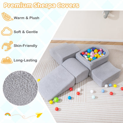 Close up of the grey soft play set's premium sherpa covers and foam filling