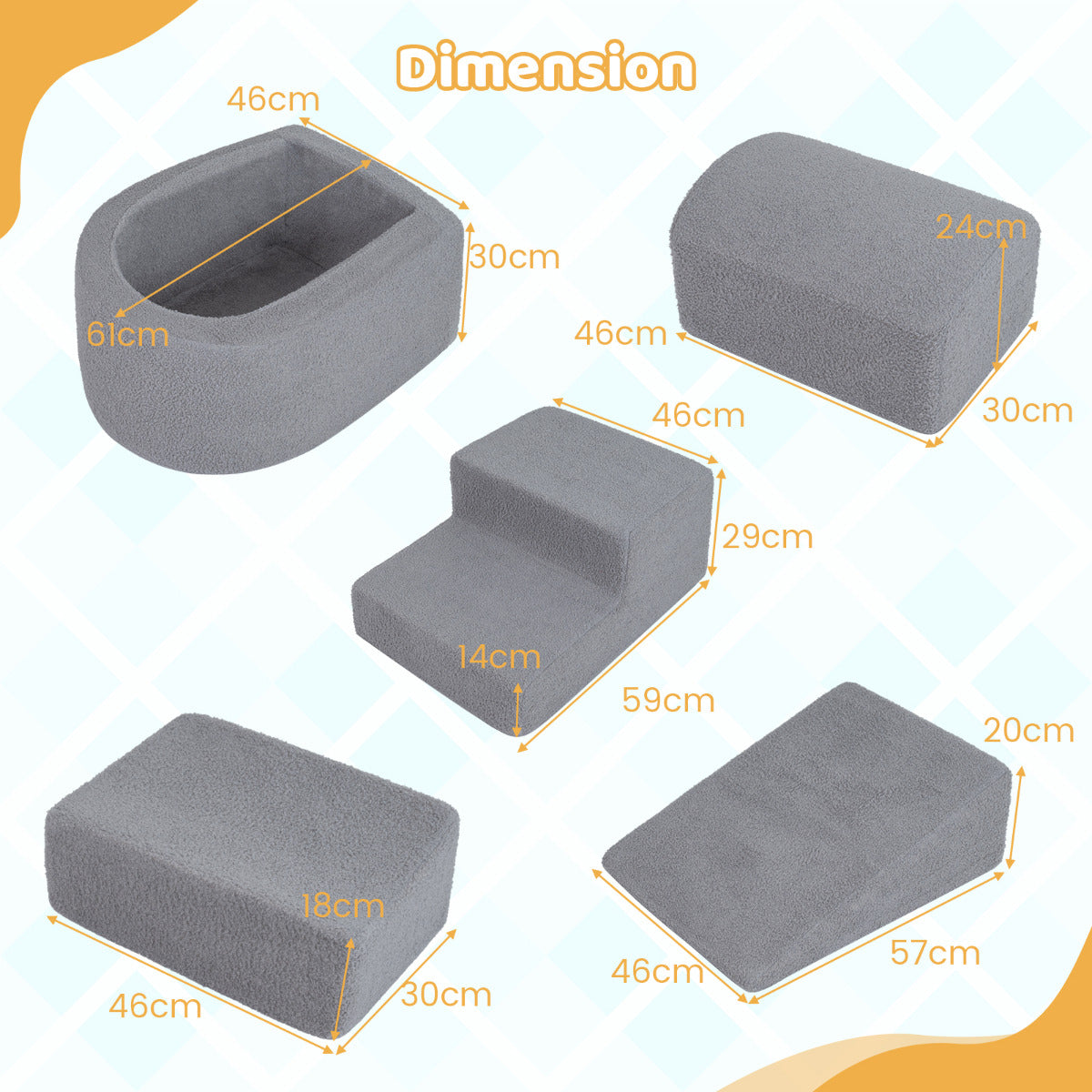 Dimension diagram showing the sizes of the grey soft play set pieces