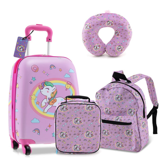 5 Piece Kids Luggage Set Carry-on Children Rolling Suitcase Set with Backpack-Purple