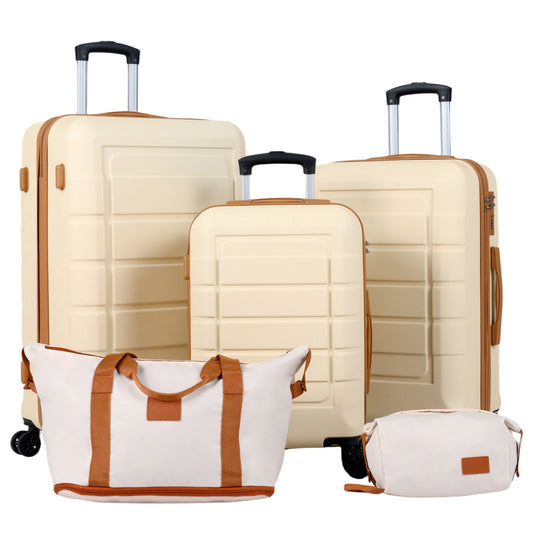 5-Piece Luggage Set in beige with brown trim, showing four cases and a wash bag