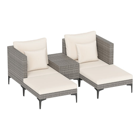 5-Piece Patio Conversation Set with two armchairs and two ottomans and a side table in beige