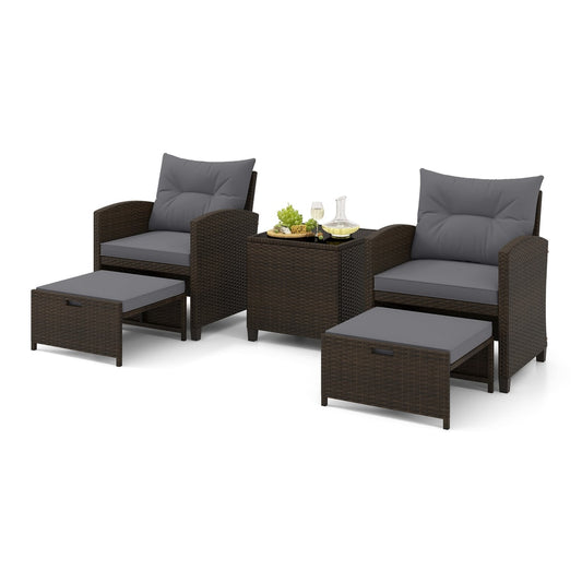 5-Piece Patio Rattan Furniture Set with grey cushions and a coffee table