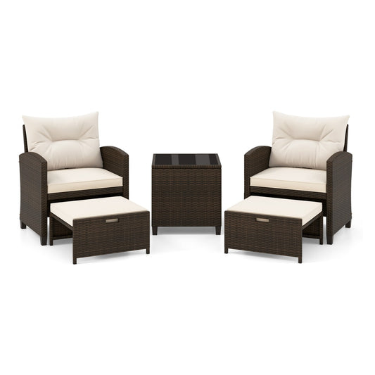 5-Piece Patio Rattan Furniture Set with ottomans and coffee table in white