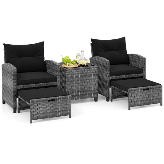 5 Piece Wicker Patio Furniture Set with two cushioned chairs and two ottomans