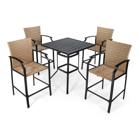 5 Pieces Patio Rattan Bar Stool Set with four chairs and a square table on a white background