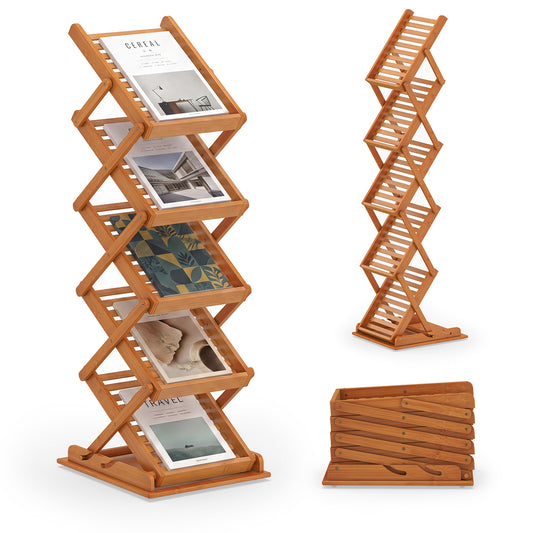 5-Pocket Foldable Bamboo Magazine Rack with 2 Adjustable Positions showing the rack with magazines on display