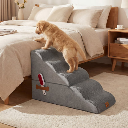 the pet ramp placed next to a bed with a puppy climbing up to reach the mattress