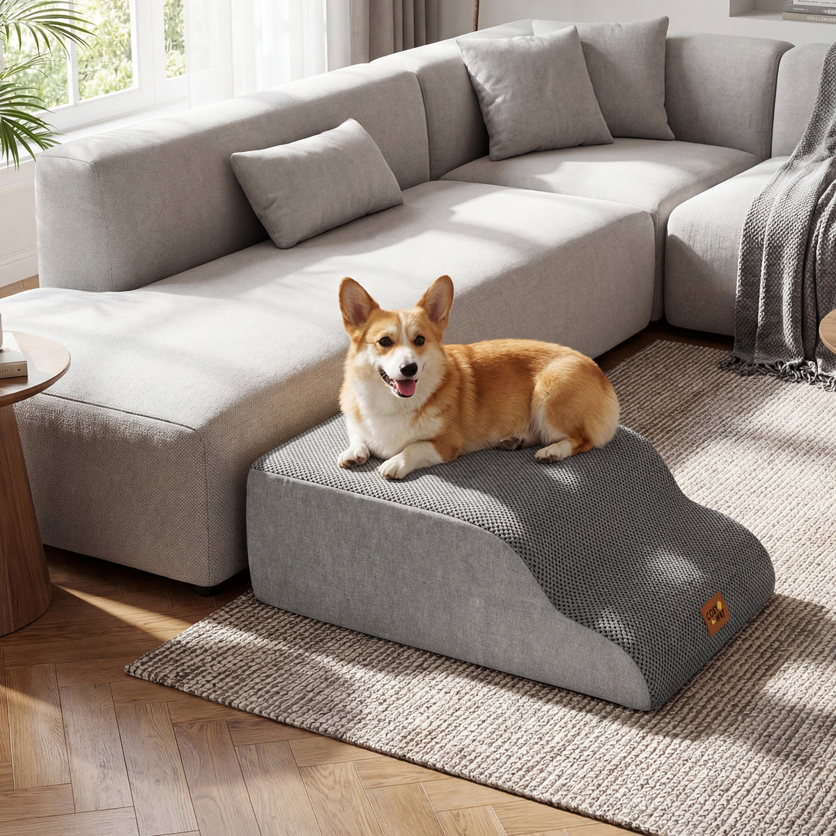 the pet stairs used as a resting platform for a dog in a modern living room