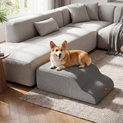 the pet stairs used as a resting platform for a dog in a modern living room