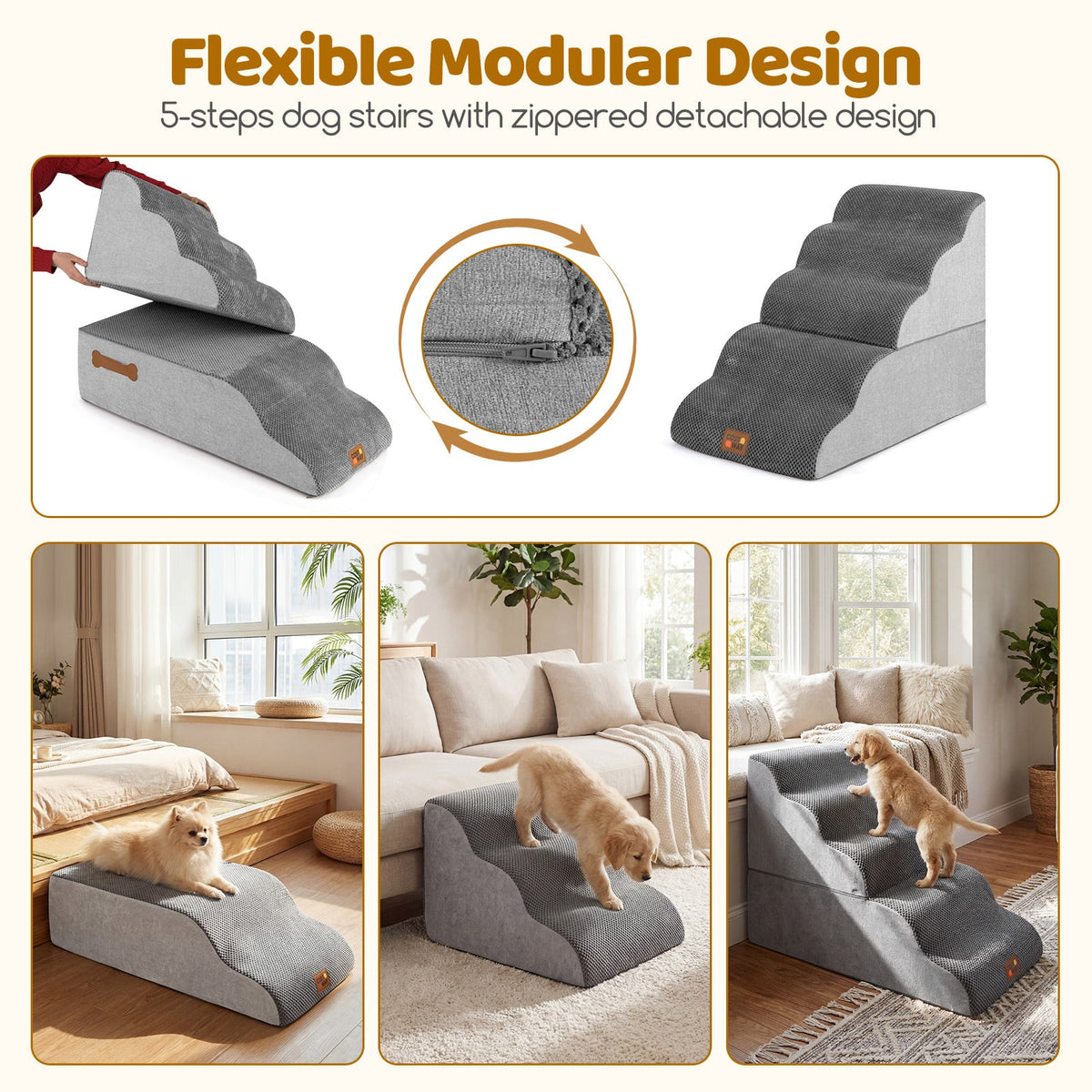 the pet stairs demonstrating the modular design with a zip and different setups