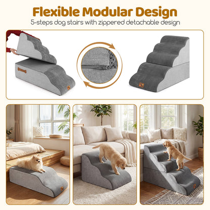 the pet stairs demonstrating the modular design with a zip and different setups