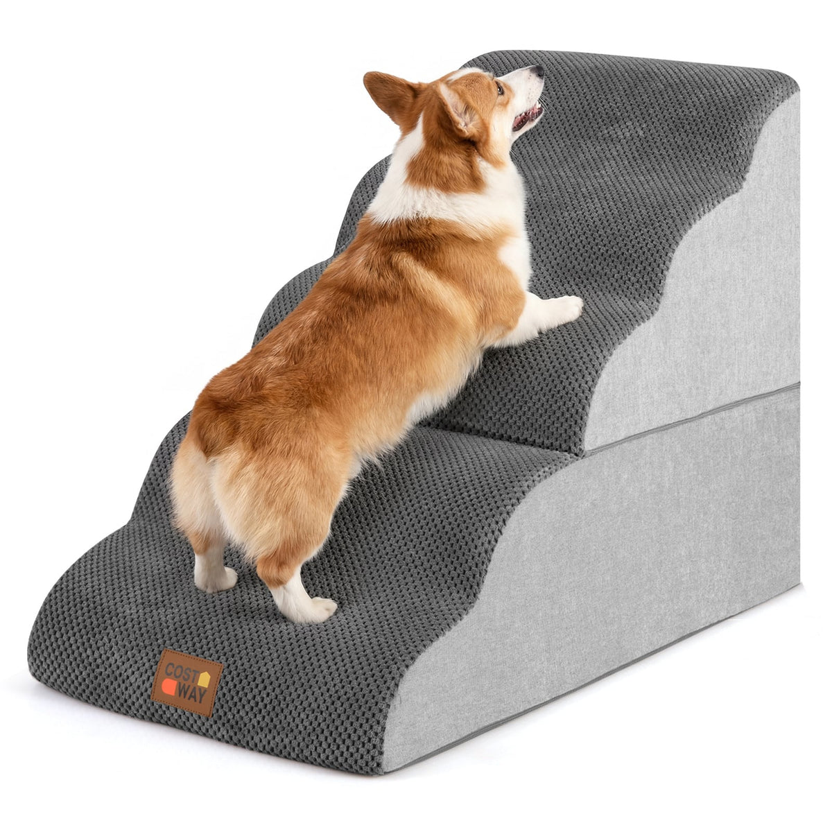 the dog ramp shown from the side with a dog standing on the textured steps