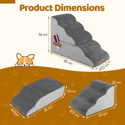 the pet steps showing various configurations and dimensions on a brown background