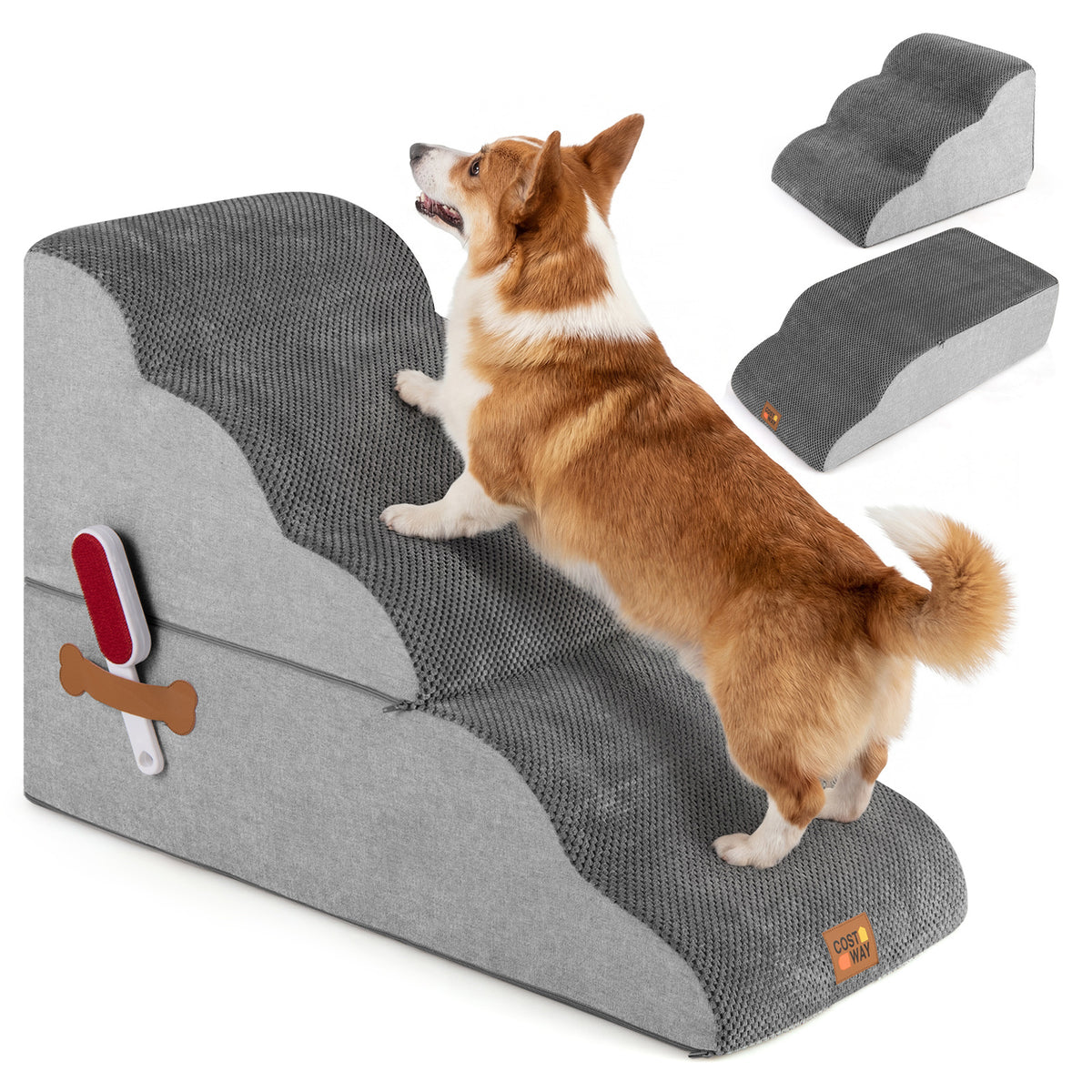 5-step Dog Foam Stairs with a dog climbing and two smaller views of the product in grey