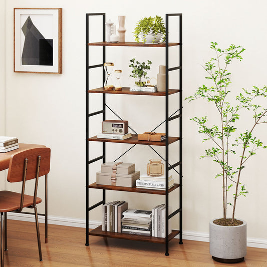 The tall bookcase is shown in a home office setting with books and plants