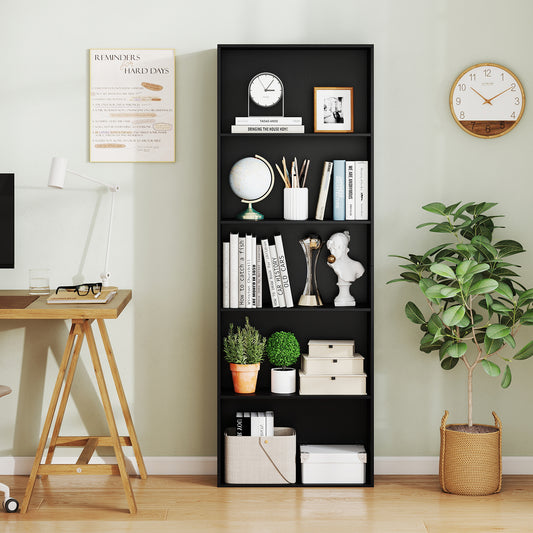 5-Tier Bookshelf, the bookcase standing in a home office next to a wooden desk and a green potted plant