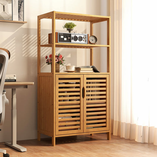 The wooden bookshelf placed in a bright home office next to a desk and chair