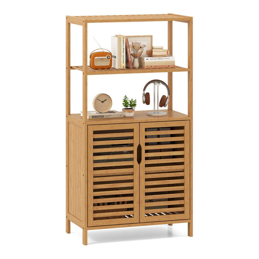 5-Tier Bookshelf with Open Shelves and Louvered Cabinet standing on a plain white background