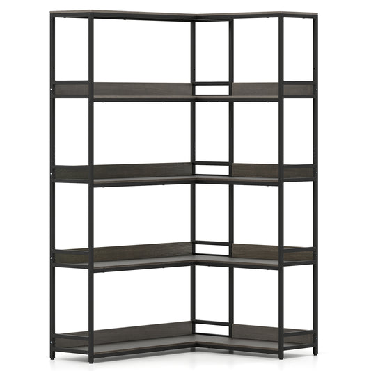5-Tier Corner Bookshelf with Metal Frame in oak finish and black metal frame