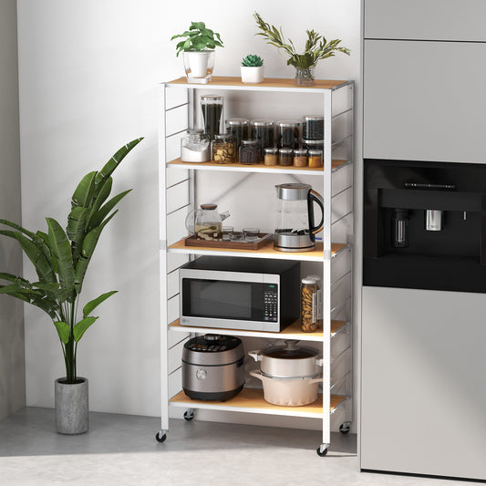 The metal shelving unit is shown with kitchen appliances and jars on its shelves