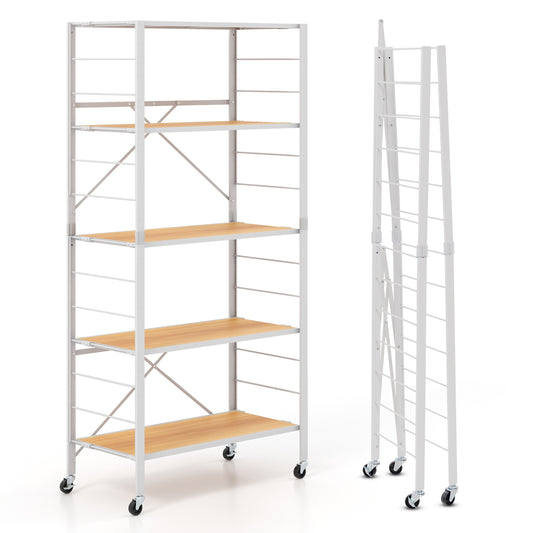 5-Tier Foldable Shelving Unit Metal Shelves with Detachable Wheels shown assembled and folded