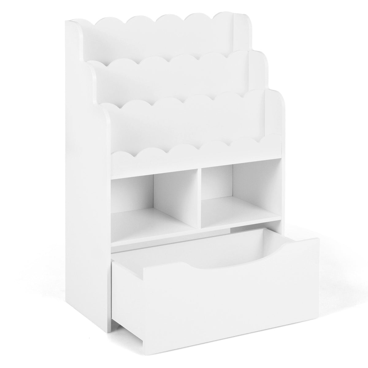 Close-up of the white kids storage unit showing the drawer