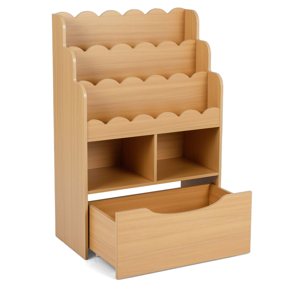 The empty kids storage unit with three scalloped shelves and a pull-out rolling drawer