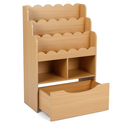 The empty kids storage unit with three scalloped shelves and a pull-out rolling drawer