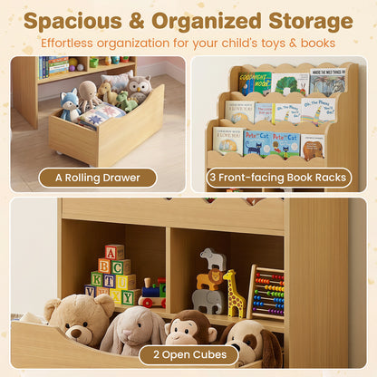 The kids storage unit showing close-ups of the rolling drawer, book racks, and open cubes