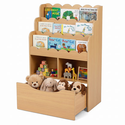 5-Tier Kids Bookshelf filled with children's books, wooden toys, and plush animals in the drawer