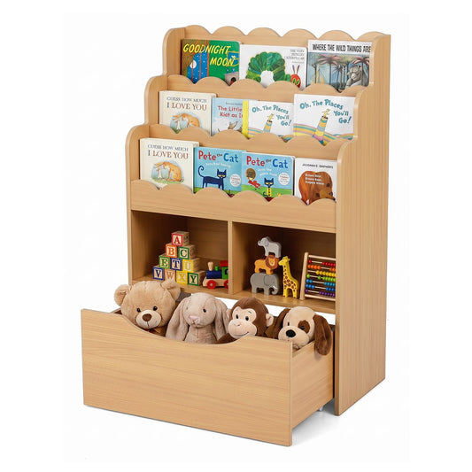 5-Tier Kids Bookshelf filled with children's books, wooden toys, and plush animals in the drawer
