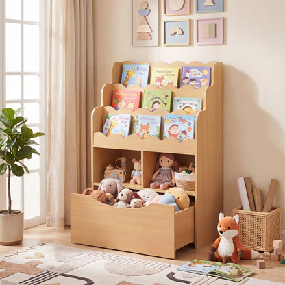 The kids storage unit placed in a bright nursery room with a rug and a fox soft toy nearby