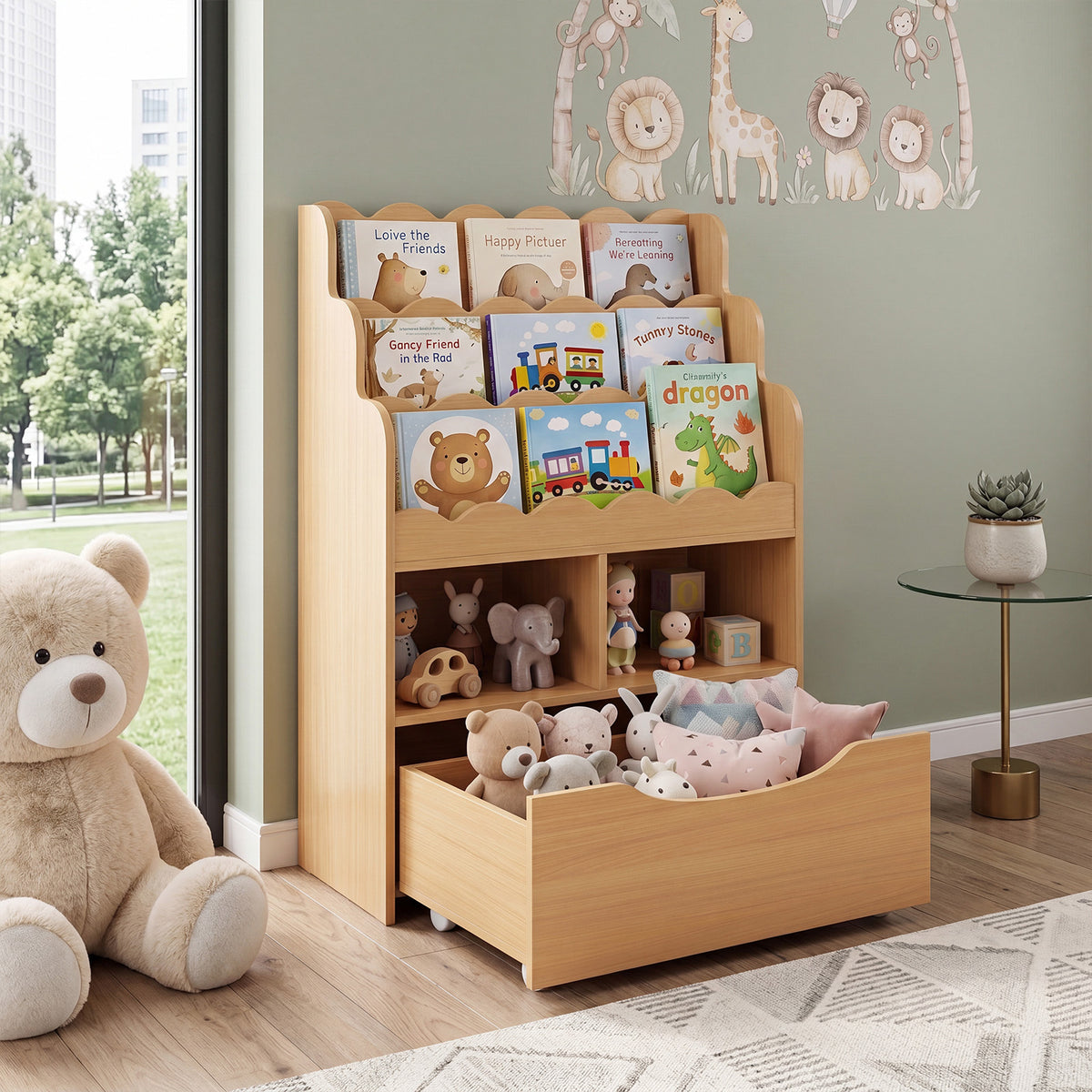 The wooden shelving unit positioned next to a large window in a child's playroom
