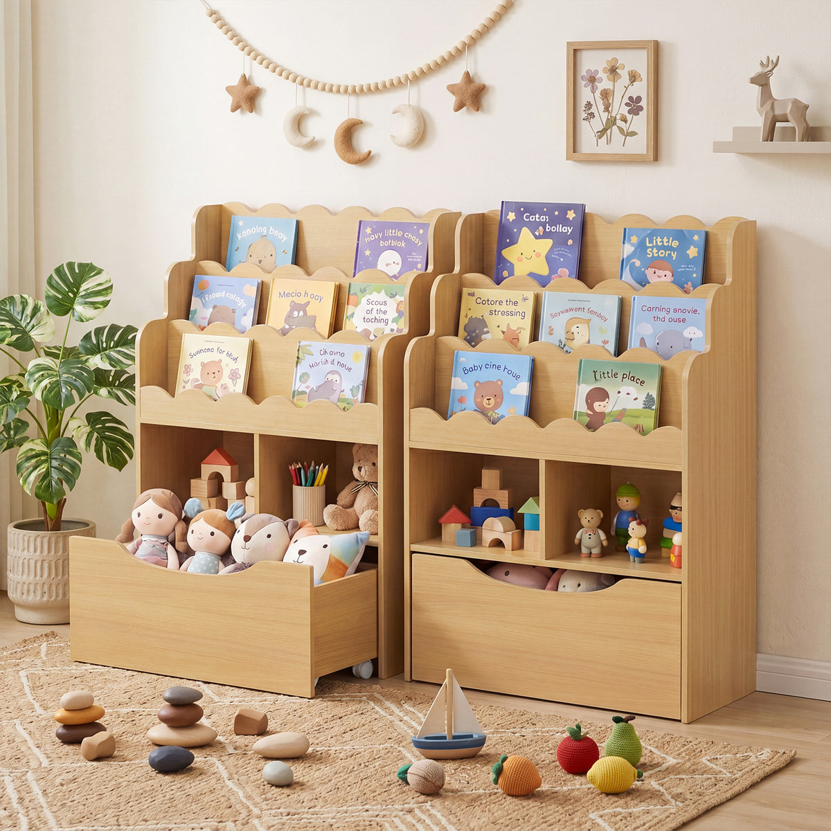 two kids storage units standing together in a nursery filled with books and toys