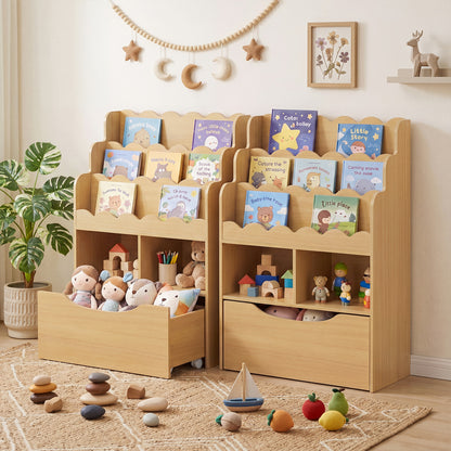 two kids storage units standing together in a nursery filled with books and toys