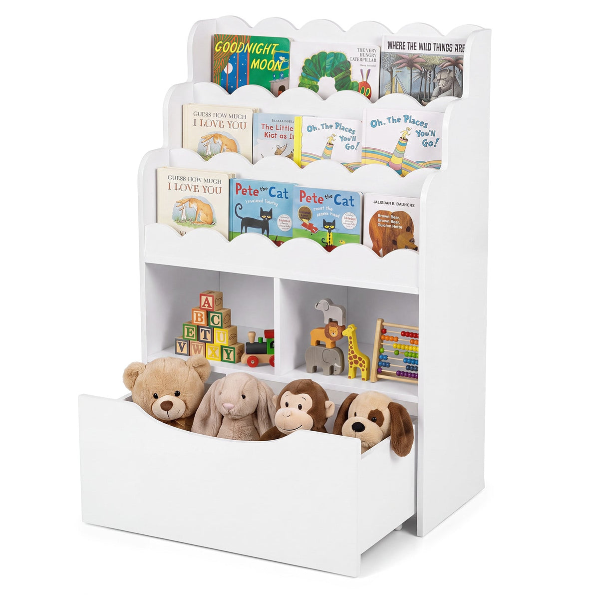 5-Tier Kids Bookshelf with shelves and a rolling drawer in white