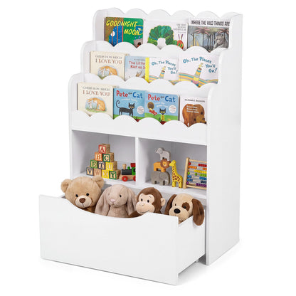 5-Tier Kids Bookshelf with shelves and a rolling drawer in white