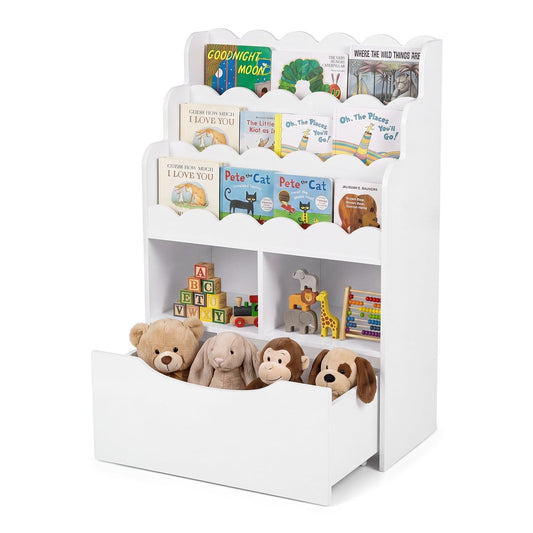 5-Tier Kids Bookshelf with shelves and a rolling drawer in white