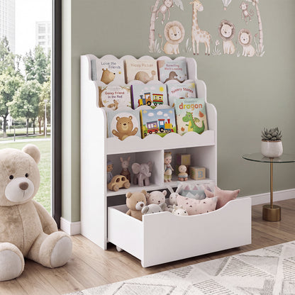 The kids storage unit in a playroom with a large teddy bear