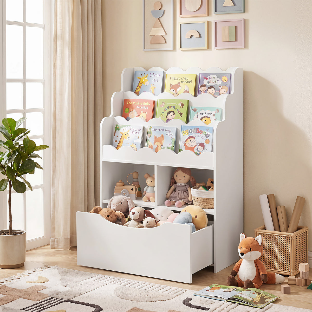 White kids storage unit filled with toys and books in a nursery