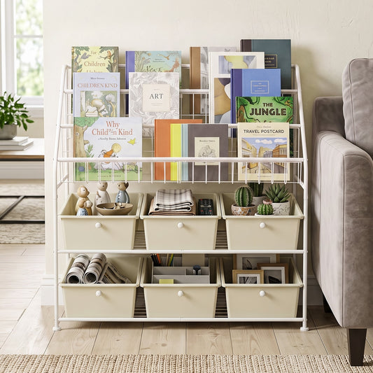 The white metal storage unit filled with books and drawers in a living room
