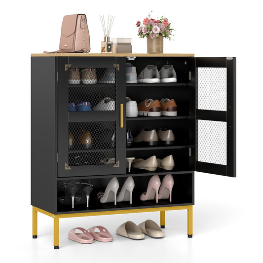 5-Tier Shoe Cabinet with Mesh Doors and Adjustable Shelves in black with gold legs, shown with shoes and accessories
