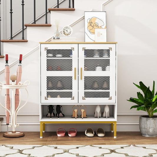 The shoe rack is shown in a hallway setting with shoes and accessories