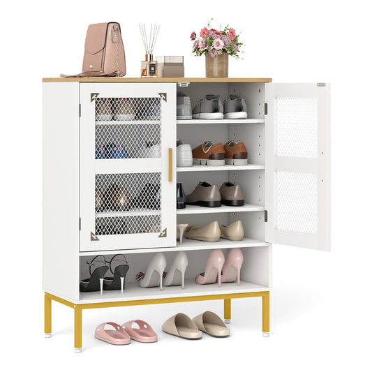 5-Tier Shoe Cabinet with Mesh Doors and Adjustable Shelves in white with gold legs, filled with shoes