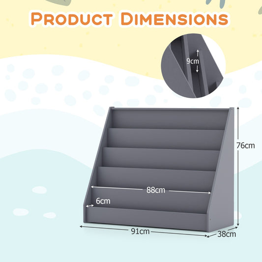 Product dimensions diagram for the grey toddler book shelf stand