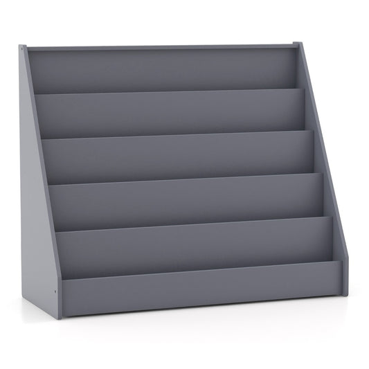 5-Tier Wooden Toddler Book Shelf Stand with Deep Compartments in grey