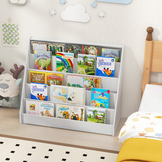 The kids storage unit placed on a bedroom floor next to a wooden bed frame