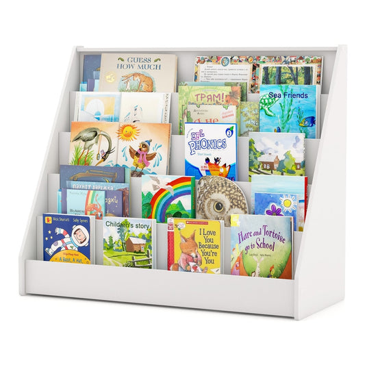 5-Tier Wooden Toddler Book Shelf Stand with Deep Compartments filled with various colourful books